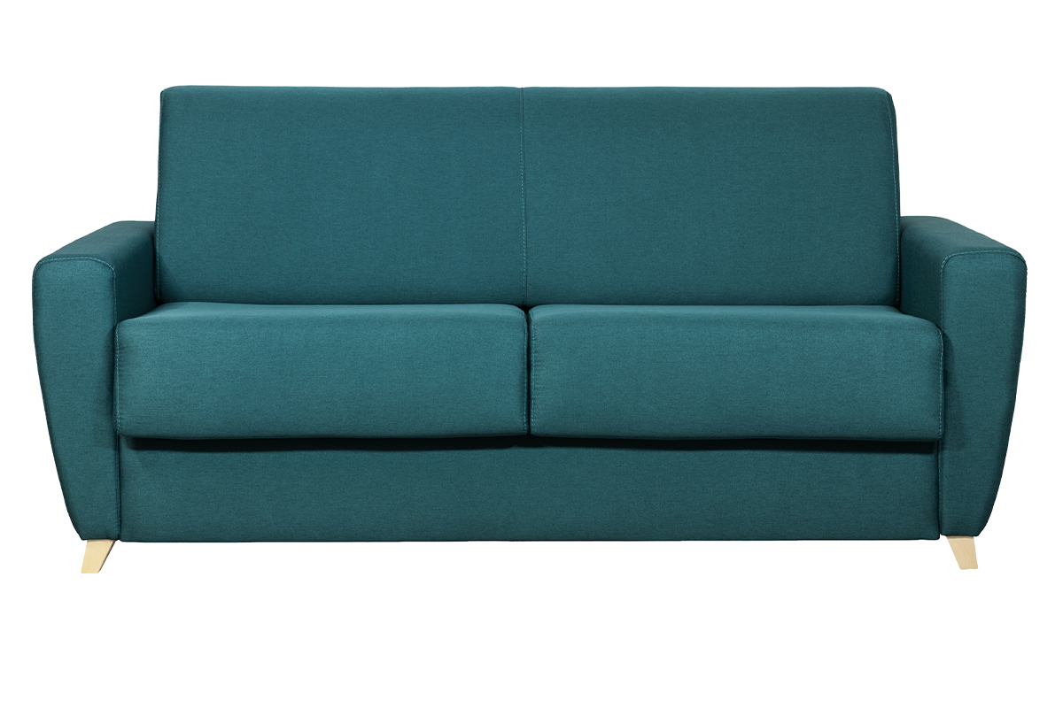 Canap� convertible 3 places bleu canard avec pieds en bois clair, vue de face.