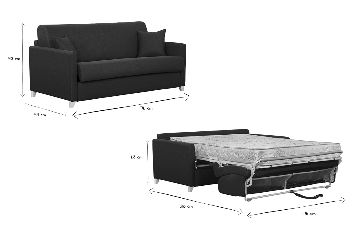 Dimensions du canap� convertible SKANDY en noir et blanc, avec vue pli�e et d�pli�e.