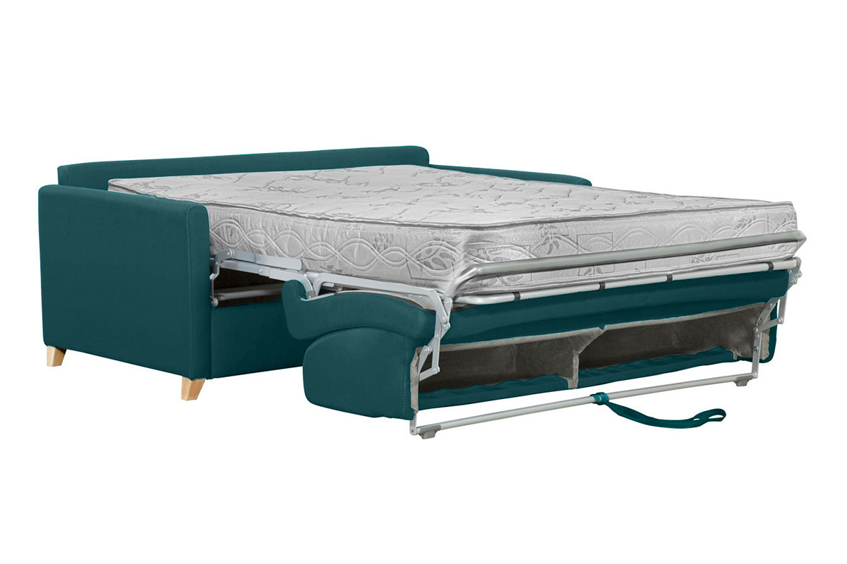 Canap� convertible bleu canard avec matelas d�pli�, vue de biais.