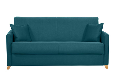 Canap&eacute; convertible 3 places en tissu bleu canard et bois clair avec matelas 18 cm SKANDY