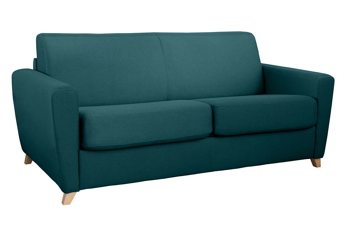 Canap� convertible 3 places en tissu bleu canard, vue de 3/4.