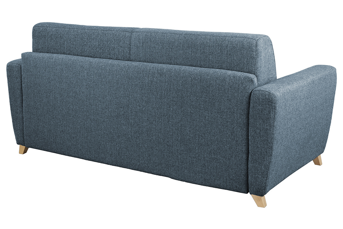 Canap� convertible 3 places en tissu bleu et bois clair avec matelas L140 cm 12 cm GRAHAM
