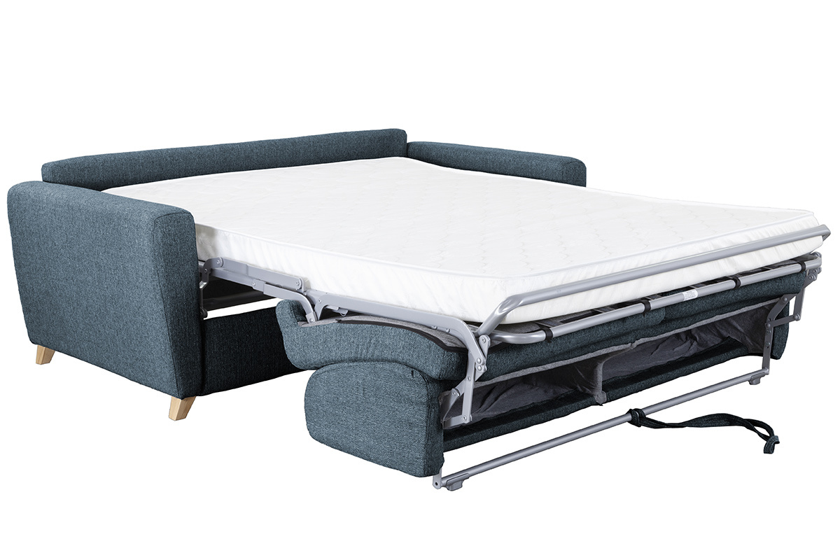Canap� convertible 3 places en tissu bleu et bois clair avec matelas L140 cm 12 cm GRAHAM