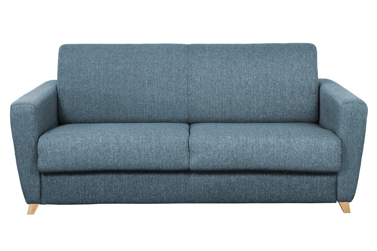 Canap� convertible 3 places en tissu bleu et bois clair avec matelas L140 cm 12 cm GRAHAM