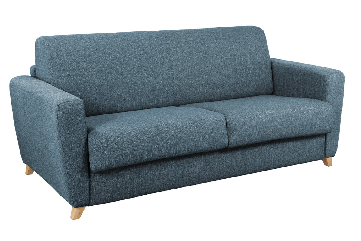 Canap� convertible 3 places en tissu bleu et bois clair avec matelas L140 cm 12 cm GRAHAM