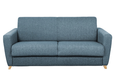 Canap&eacute; convertible 3 places en tissu bleu et bois clair avec matelas L140 cm 12 cm GRAHAM
