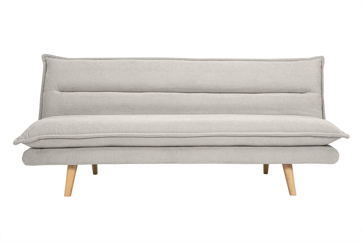 Canap� convertible beige 3 places en tissu chenille, pieds en bois clair, vue de face.