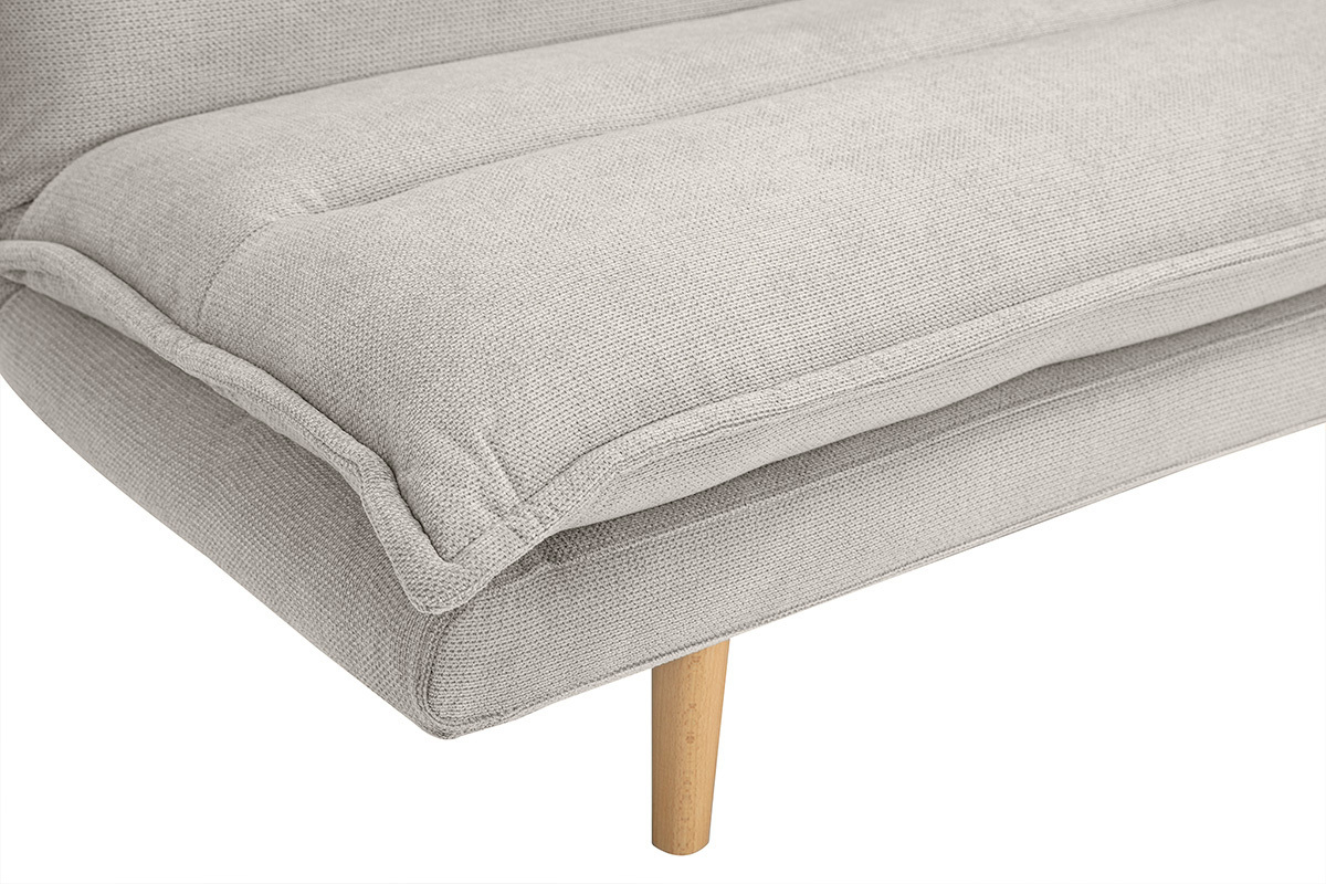 Close-up d'un canap� beige en tissu chenille avec un pied en bois clair.