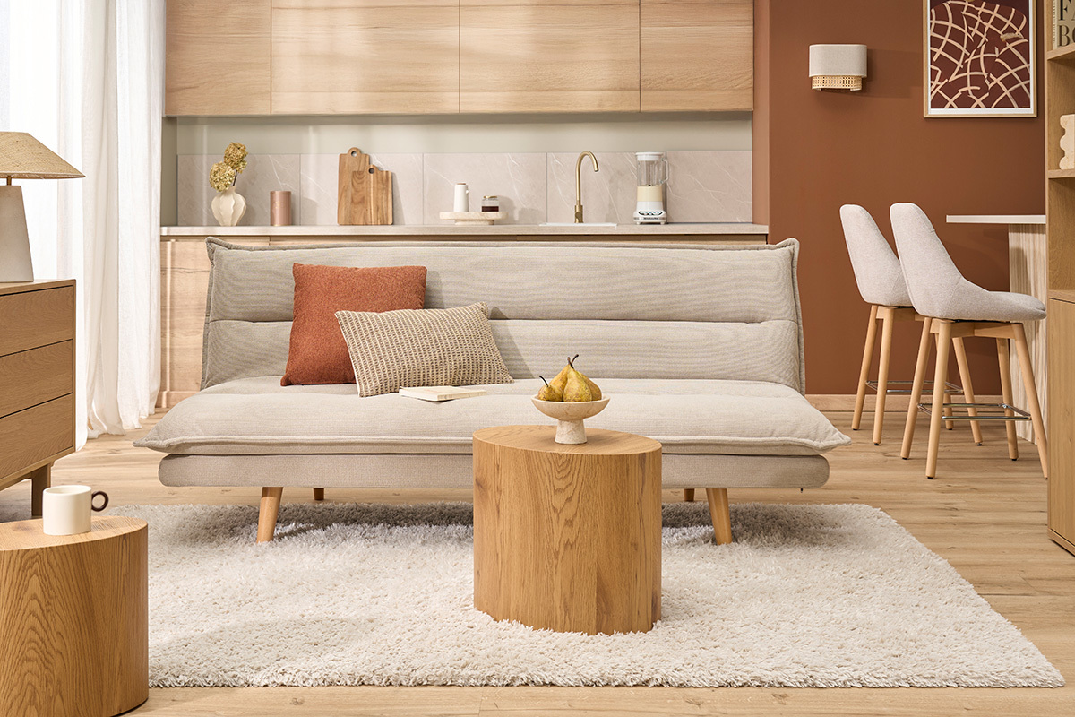 Canap� convertible 3 places en tissu chenille beige et bois clair BINGO