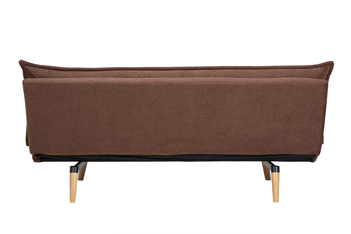 Canap� convertible 3 places vue de dos, tissu velours terre br�l�e, pieds en bois clair.