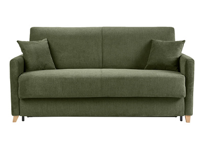 Canap&eacute; convertible 3 places en tissu chenille vert fonc&eacute; et bois clair avec matelas 18 cm SKANDY
