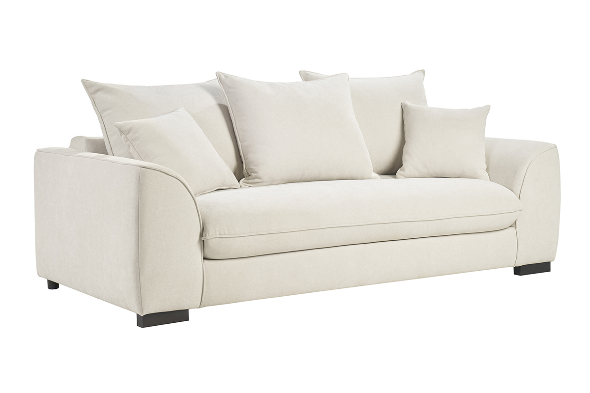 Canap� convertible beige 3 places en tissu effet velours, vue de 3/4 avec coussins.