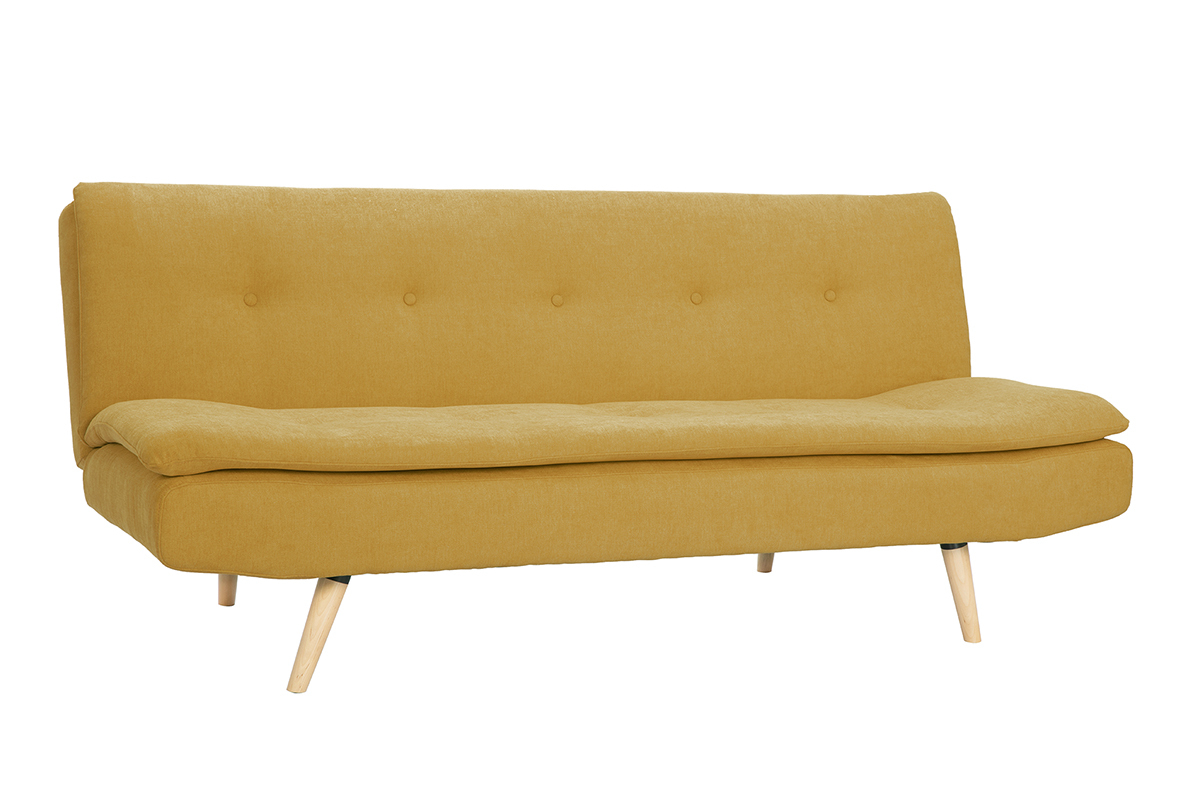 Canap� convertible 3 places en tissu effet velours jaune moutarde et bois clair SENSO