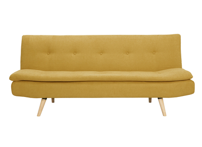 Canap&eacute; convertible 3 places en tissu effet velours jaune moutarde et bois clair SENSO