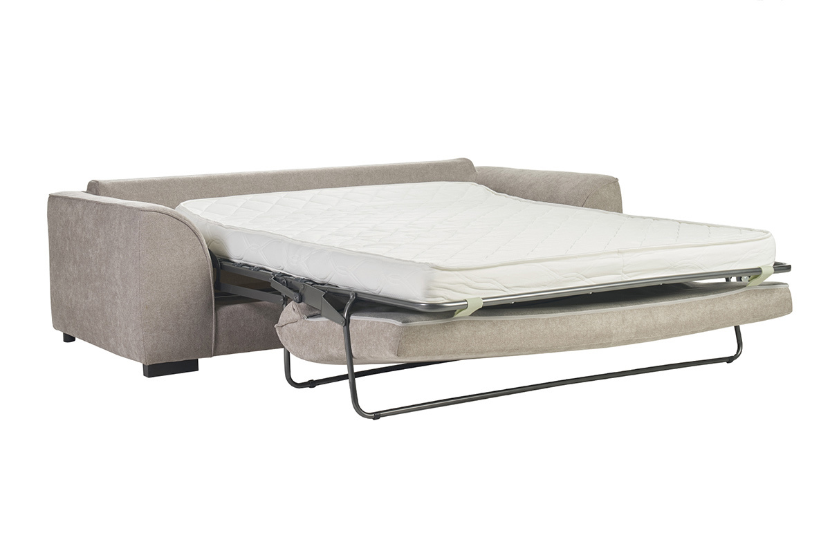 Canap� convertible 3 places taupe avec matelas d�pli�, vue de c�t�.