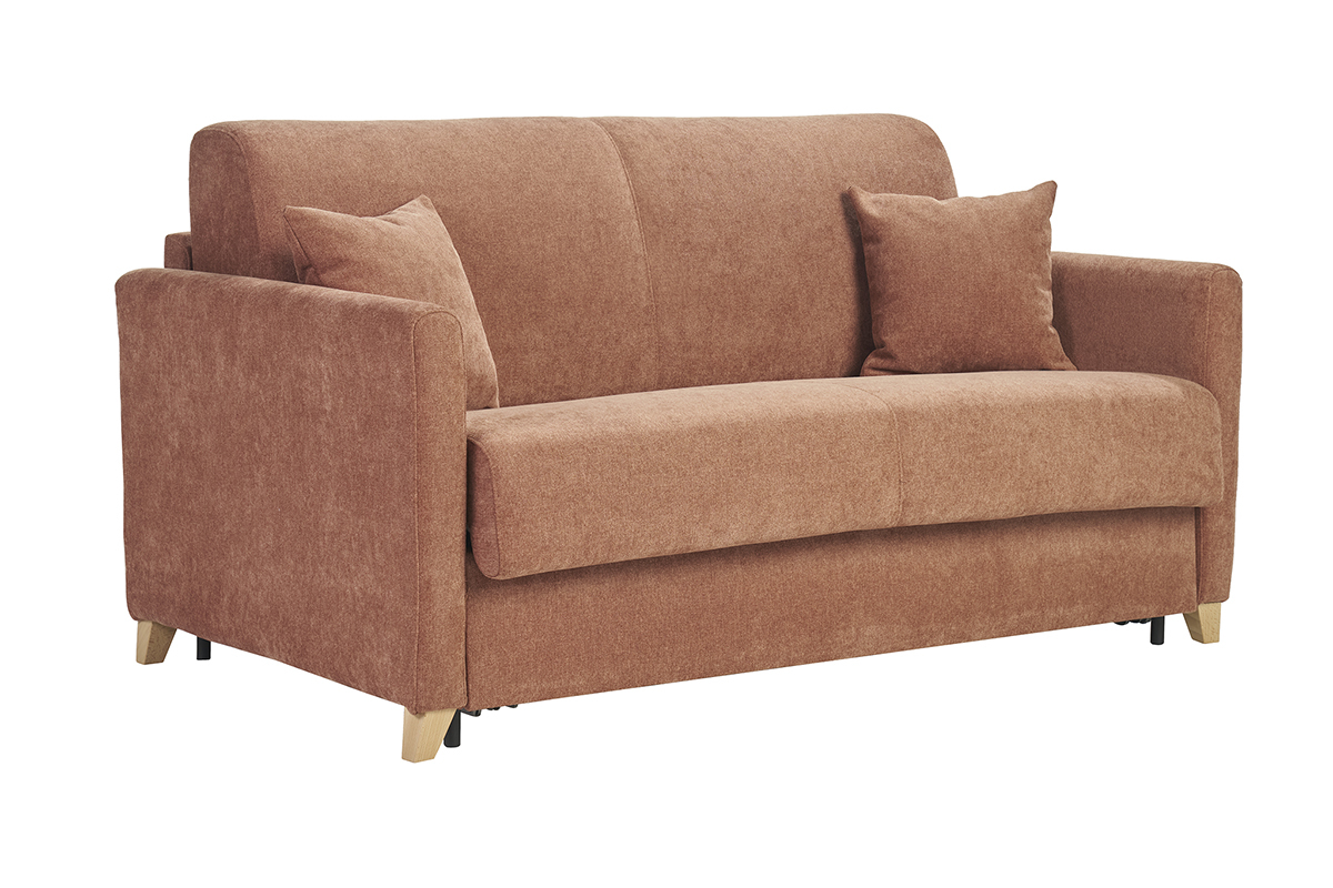 Canap� convertible 3 places en tissu terre br�l�e, pieds en bois clair, vue de 3/4.