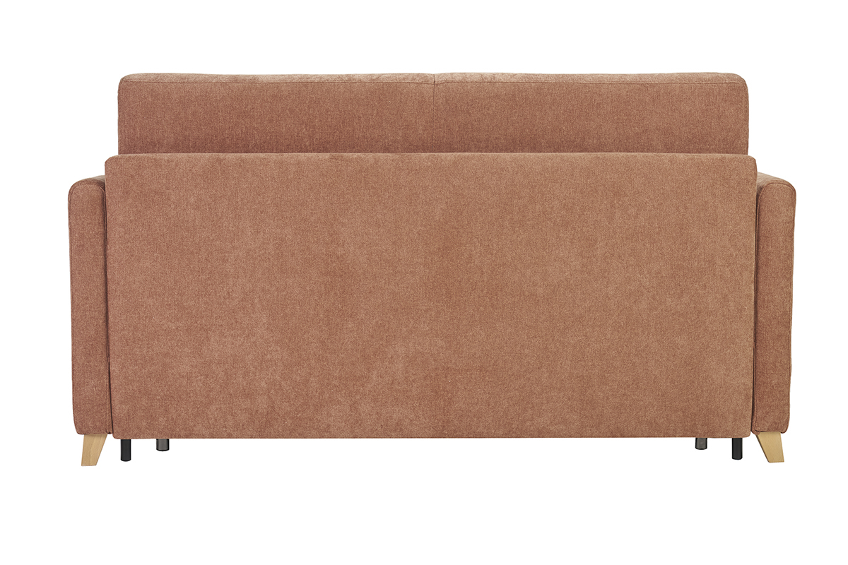 Canap� convertible 3 places, vue arri�re, tissu effet velours terre br�l�e, pieds en bois clair.