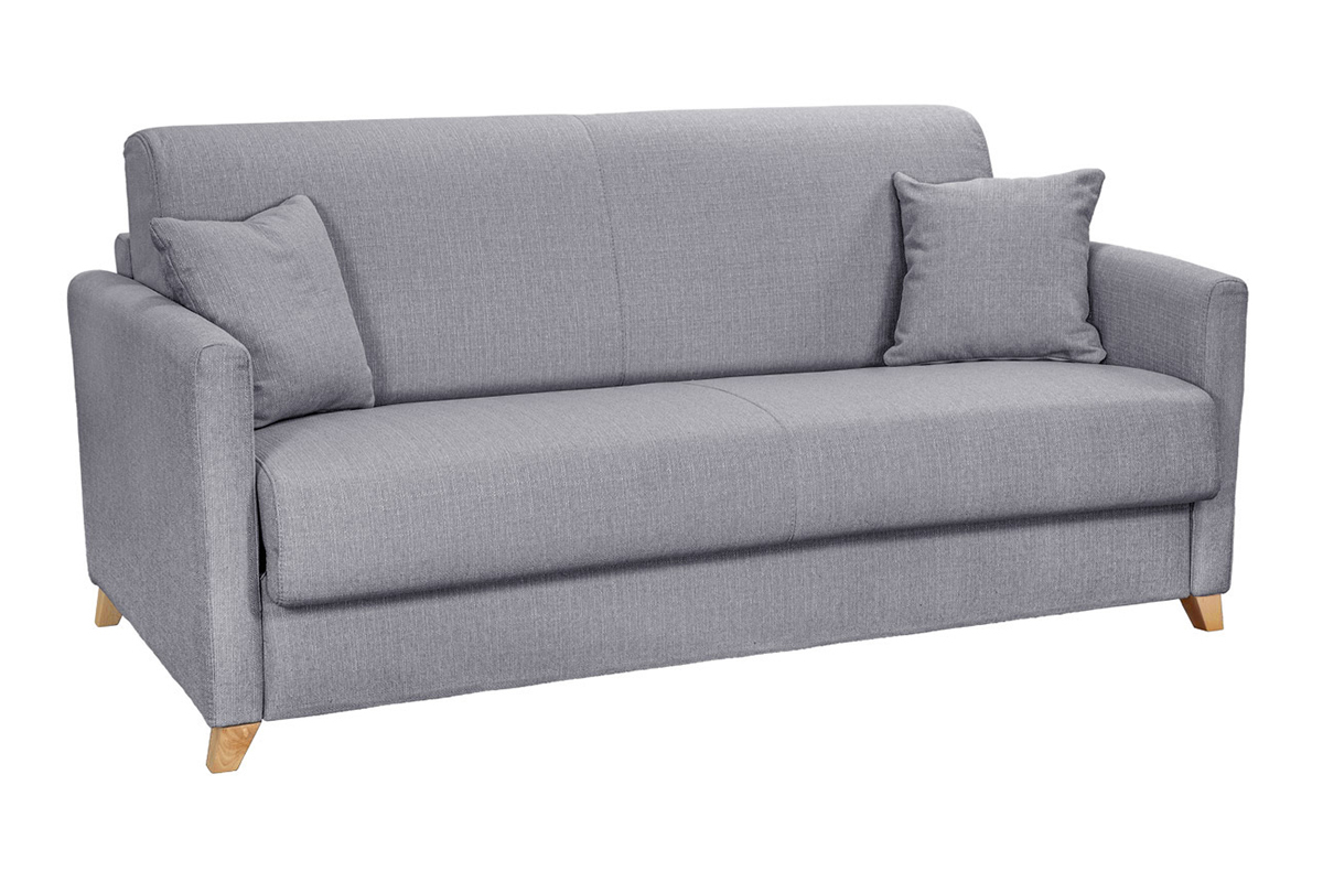 Canap� convertible 3 places en tissu gris clair et bois clair avec matelas 13 cm SKANDY