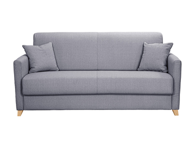 Canap&eacute; convertible 3 places en tissu gris clair et bois clair avec matelas 13 cm SKANDY