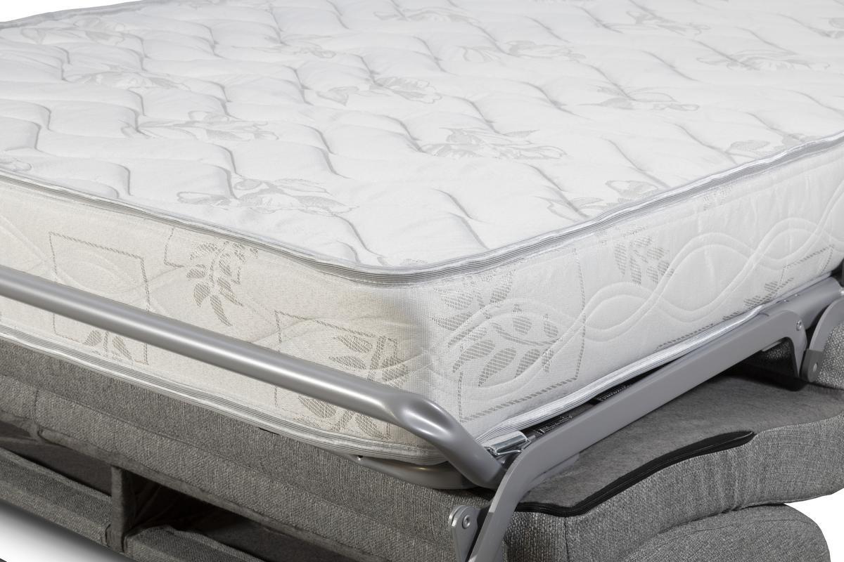 Canap� convertible 3 places en tissu gris clair et bois clair avec matelas 18 cm SKANDY