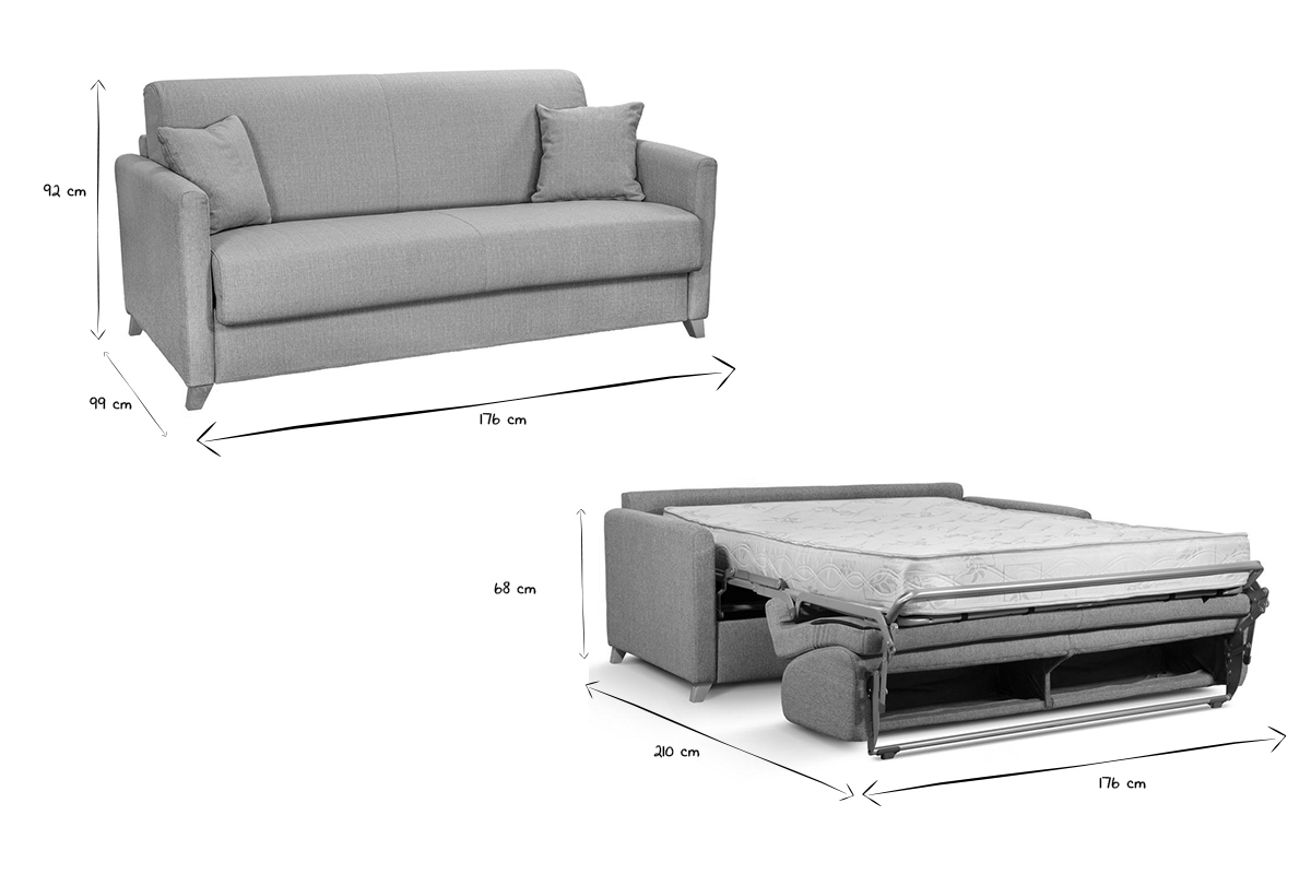 Canap� convertible 3 places en tissu gris clair et bois clair avec matelas 18 cm SKANDY