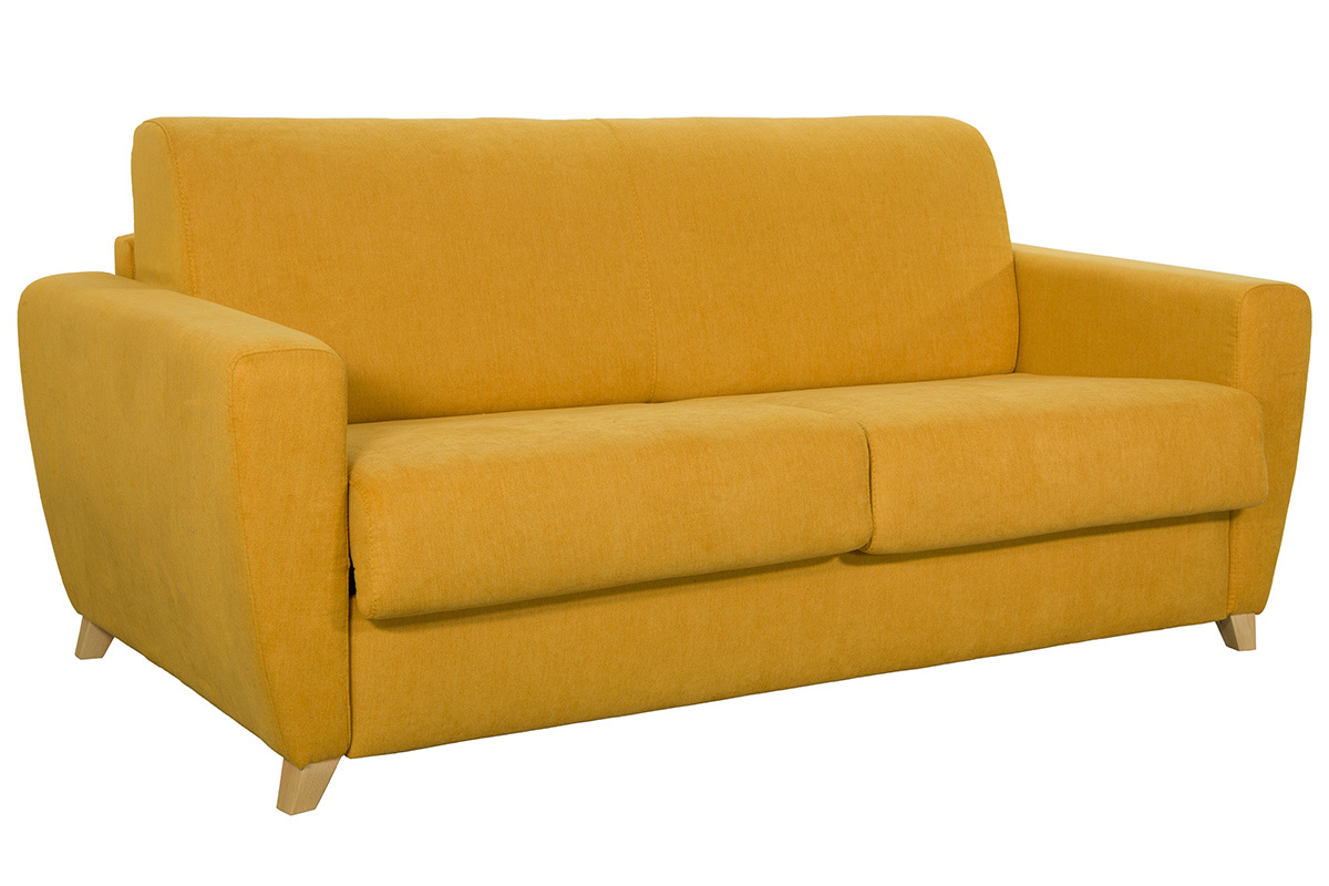 Canap� convertible 3 places jaune moutarde en tissu avec pieds en bois clair, vue de 3/4.
