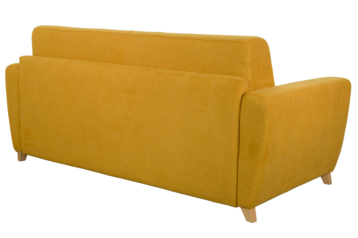 Vue arri�re du canap� convertible GRAHAM 3 places en tissu jaune moutarde et bois clair.