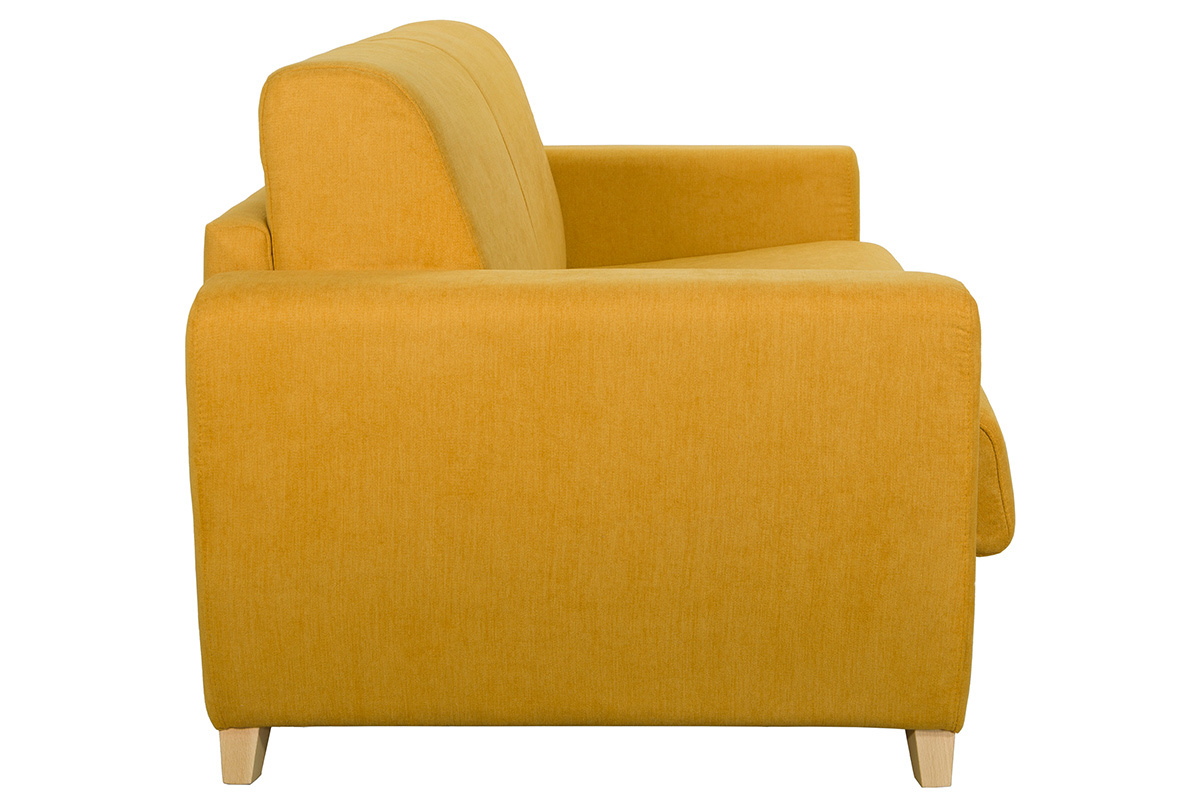 Canap� convertible 3 places en tissu jaune moutarde, vue de profil avec pi�tement en bois clair.
