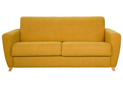 Canap&eacute; convertible 3 places en tissu jaune moutarde et bois clair avec matelas L140 cm 13 cm GRAHAM
