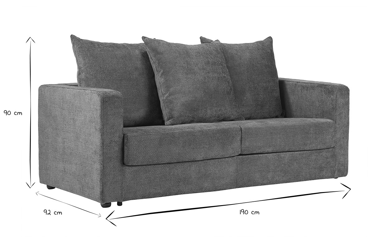 Dimensions du canap� convertible 3 places : 90 cm de hauteur, 92 cm de profondeur, 190 cm de largeur en noir et blanc.