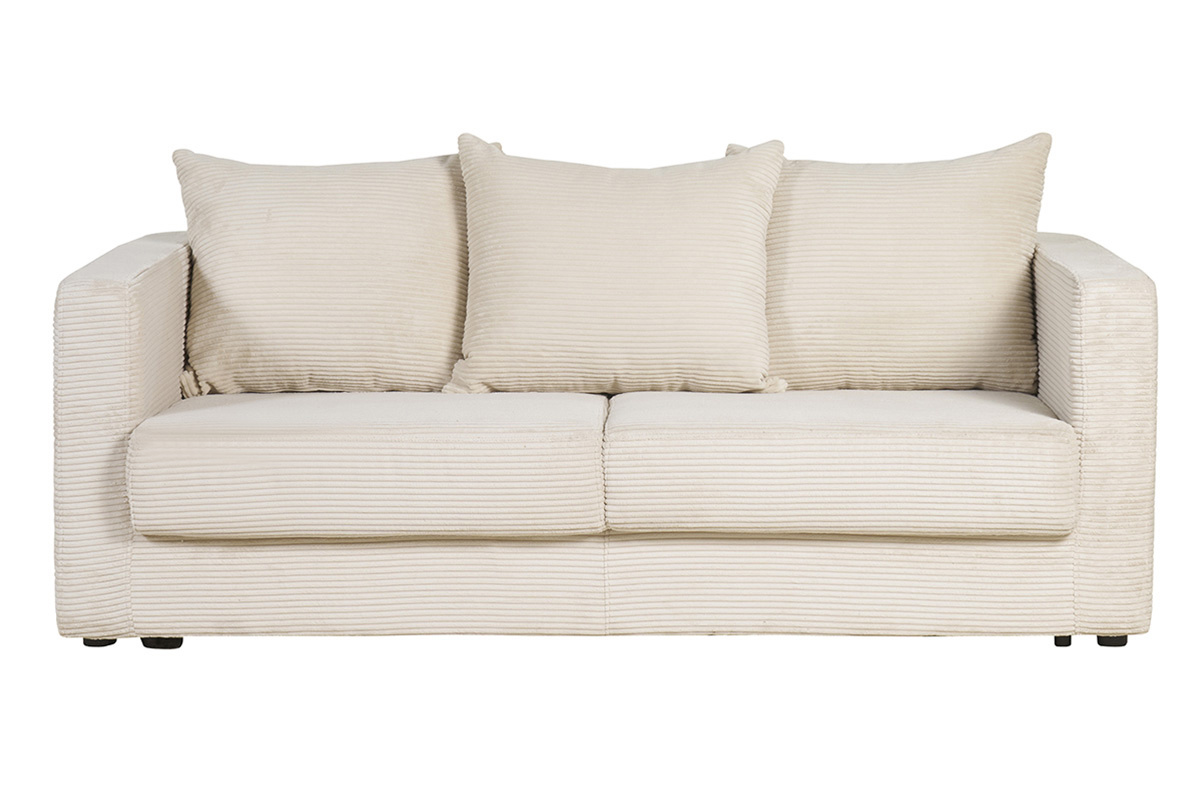 Canap� convertible 3 places en tissu velours c�tel� beige avec matelas 13 cm BACIO