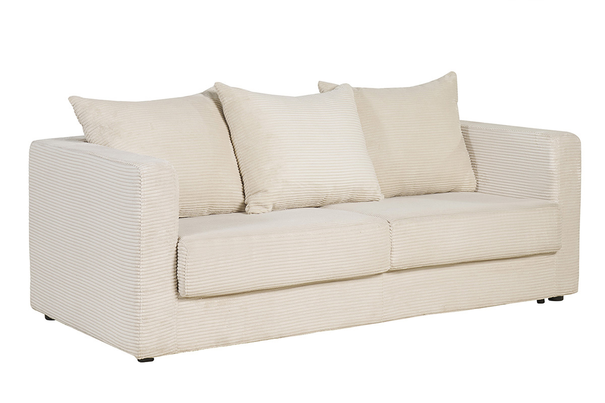 Canap� convertible 3 places en tissu velours c�tel� beige avec matelas 13 cm BACIO