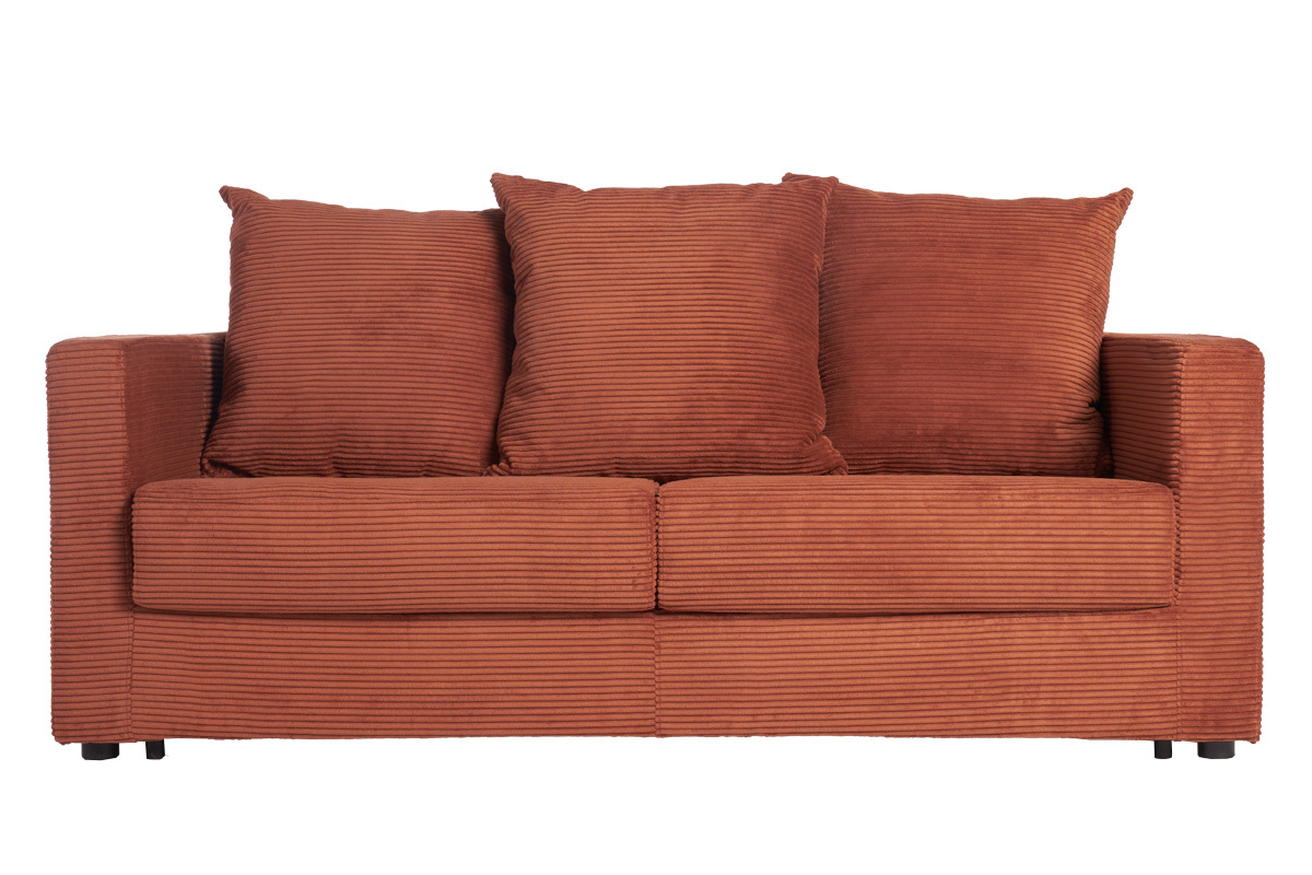 Canap� convertible 3 places en tissu velours c�tel� terracotta avec matelas 13 cm BACIO