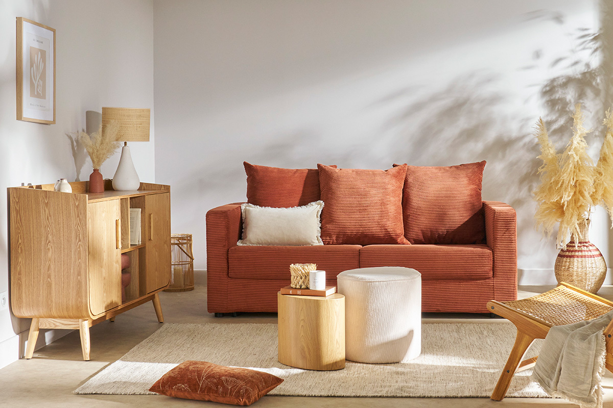 Canap� convertible 3 places en tissu velours c�tel� terracotta avec matelas 13 cm BACIO
