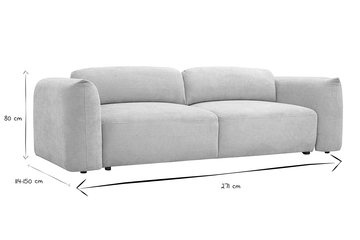 Canap� convertible 4 places avec dimensions en noir et blanc, 271 cm de long, 80 cm de haut.