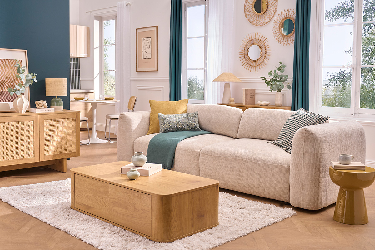 Canap� convertible 4 places avec coffre en tissu velours chenille beige SWELL