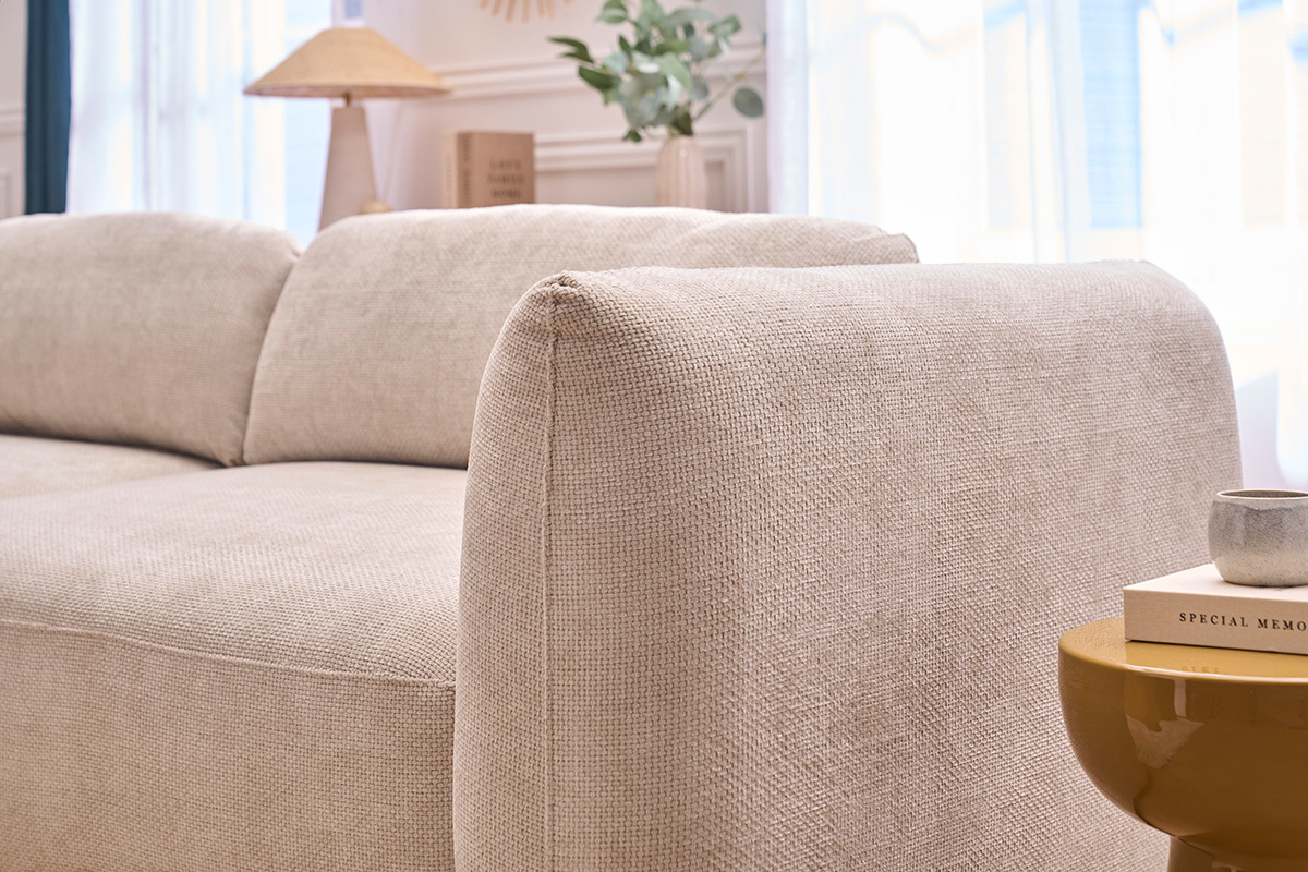 Canap� convertible 4 places avec coffre en tissu velours chenille beige SWELL