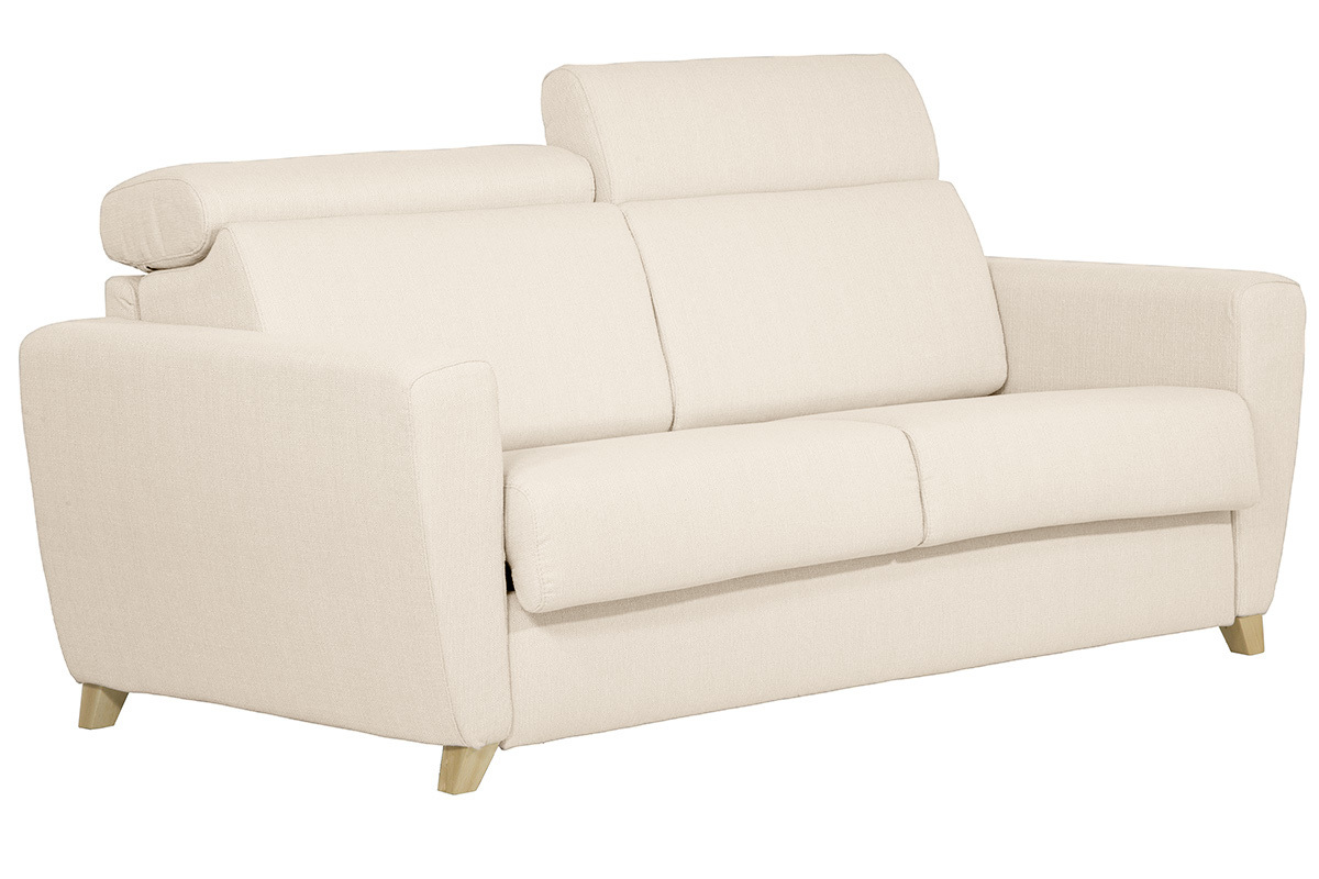 Canap� convertible beige 3 places avec t�ti�res ajustables, vue de 3/4.