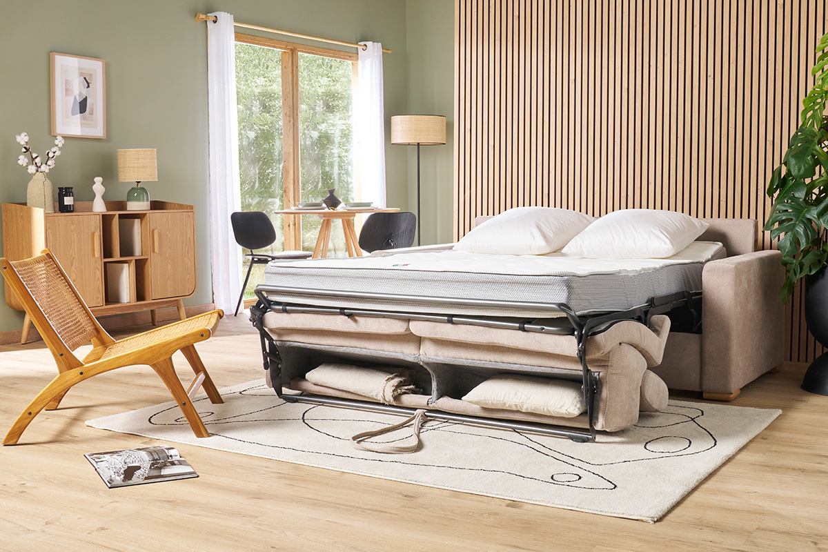Canap� convertible avec t�ti�res ajustables 3 places en tissu effet velours beige avec matelas 18 cm NORO