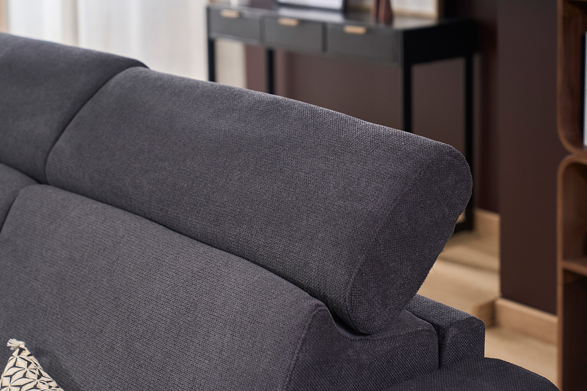 D�tail des t�ti�res ajustables du canap� convertible GOYA en tissu gris anthracite.