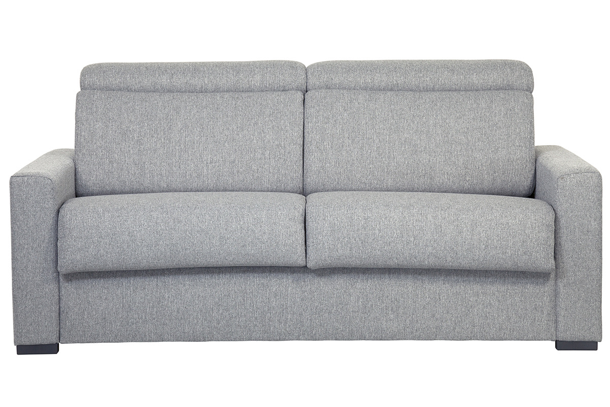 Canap� convertible NORO 3 places en tissu gris clair, vue de face avec t�ti�res ajustables.