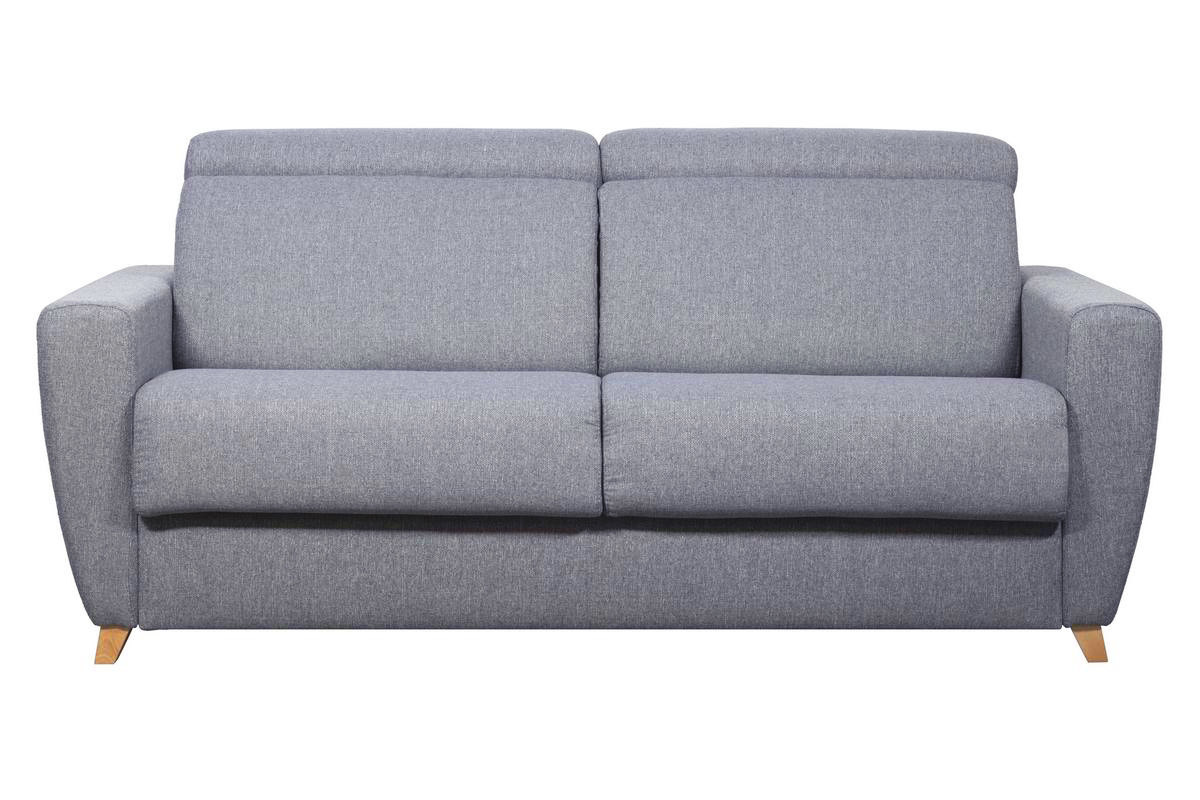 Canap� convertible 3 places GOYA en tissu gris avec t�ti�res ajustables et pieds en bois clair, vue de face.