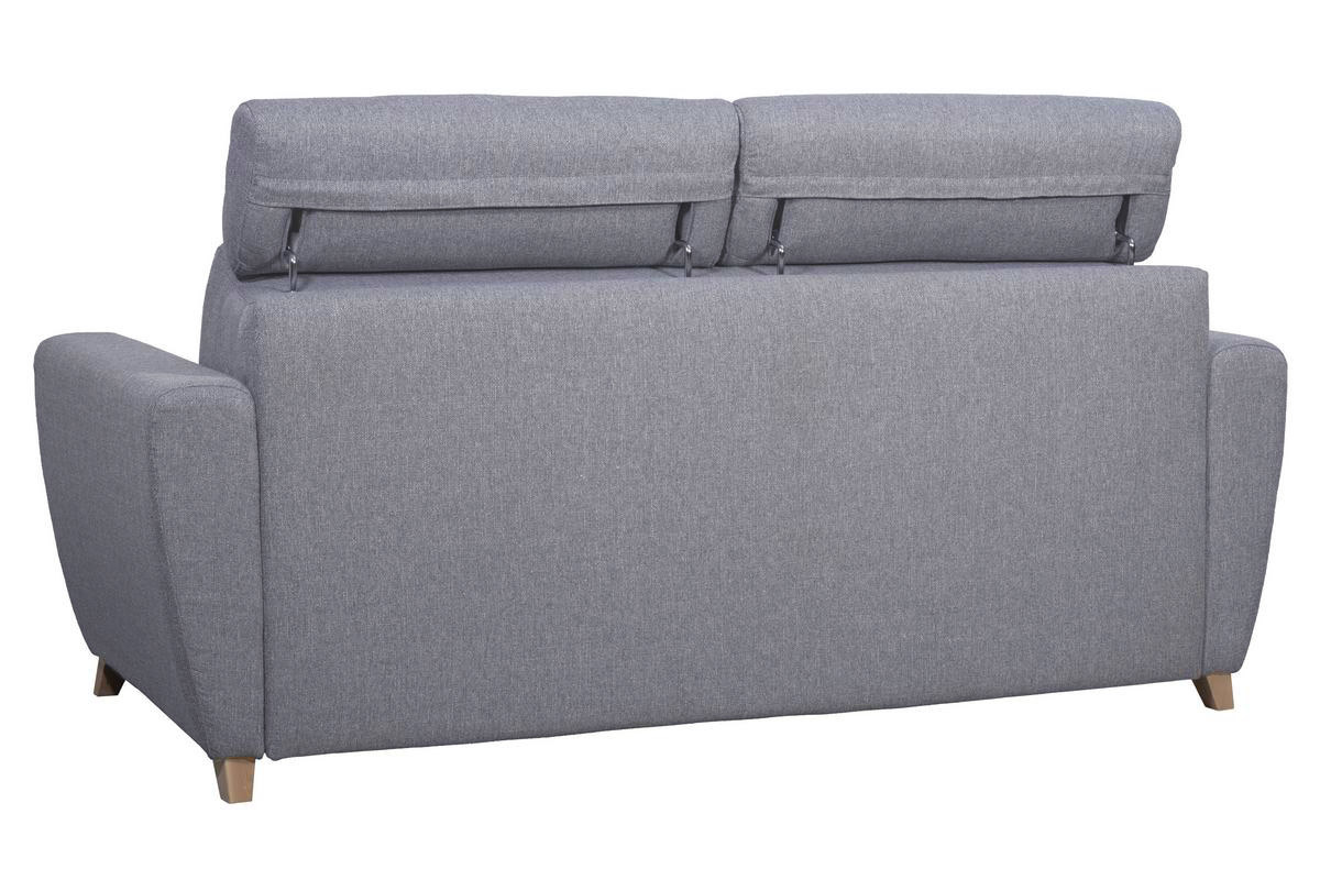 Canap� convertible 3 places GOYA en tissu gris, vue de dos avec t�ti�res ajustables et pi�tement en bois clair.