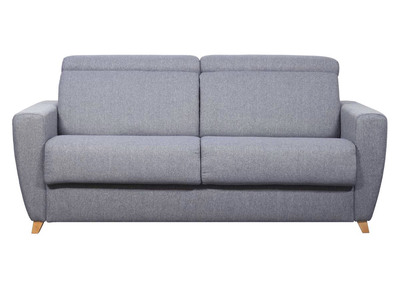 Canap&eacute; convertible avec t&ecirc;ti&egrave;res ajustables 3 places en tissu gris et bois clair et matelas 18 cm GOYA