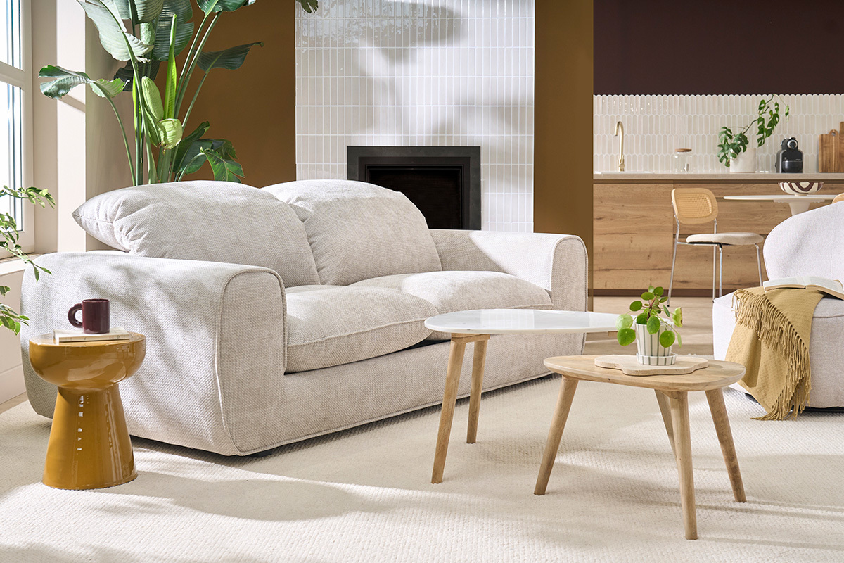Canap� convertible avec t�ti�res ajustables 3 places en tissu velours chenille beige NOAM