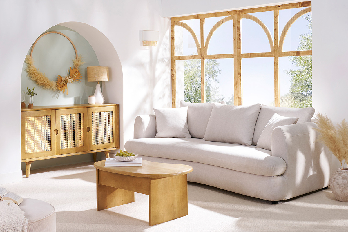 Canap� convertible d�houssable 3-4 places design haricot en tissu effet velours beige clair SACHA
