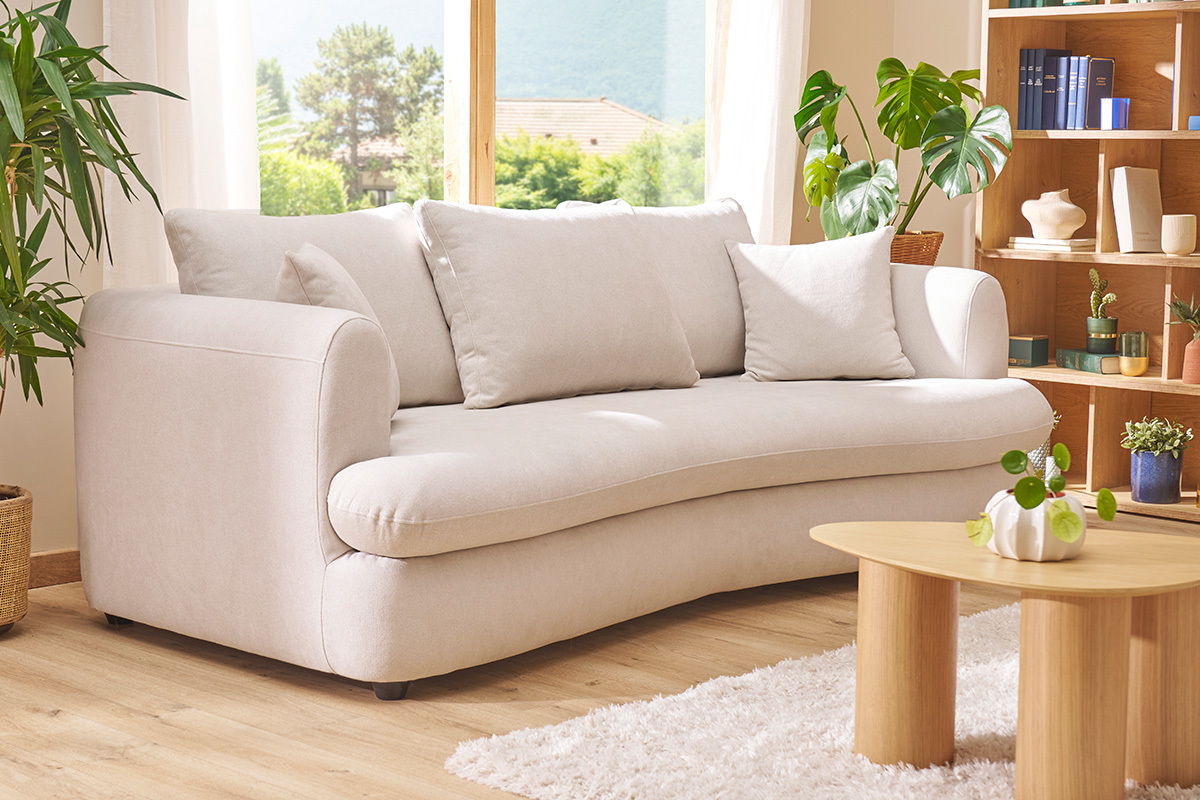 Canap� convertible d�houssable 3-4 places design haricot en tissu effet velours beige clair SACHA