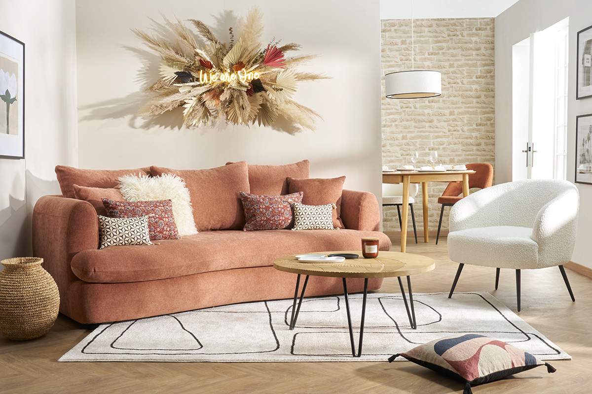 Canap� convertible d�houssable 3-4 places design haricot en tissu effet velours terre br�l�e SACHA