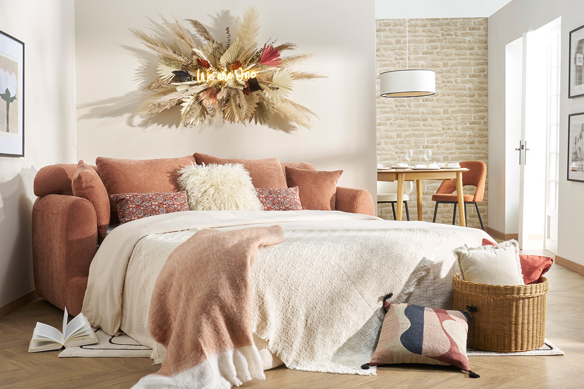 Canap� convertible d�houssable 3-4 places design haricot en tissu effet velours terre br�l�e SACHA