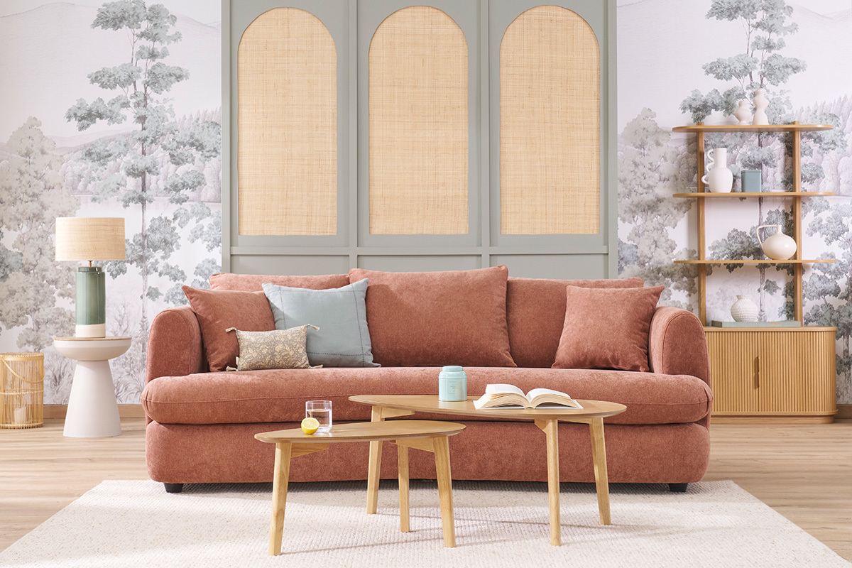 Canap� convertible d�houssable 3-4 places design haricot en tissu effet velours terre br�l�e SACHA